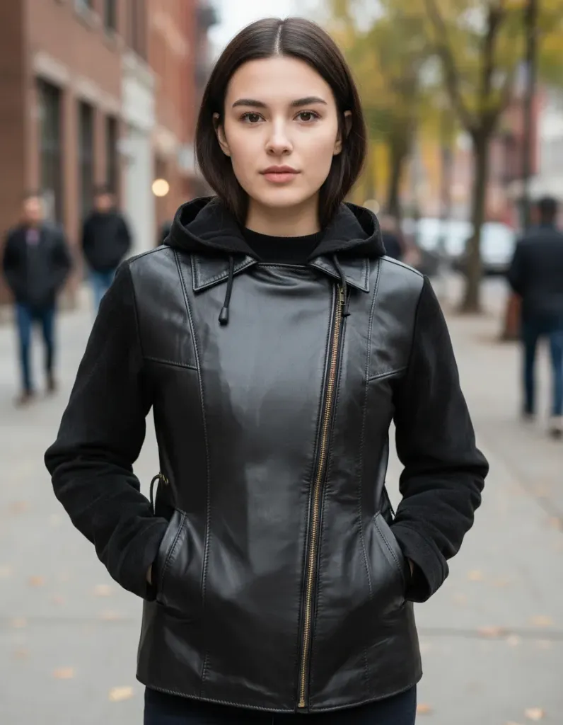 [IN0622304NEGS] Campera de Cuero Combinada Gamuza Mujer (S)